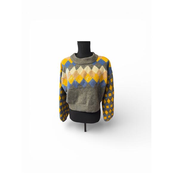 Zara Knit Cropped Argyle Sweater Sequin Detail Gray Yellow Blue Small - Picture 3 of 7